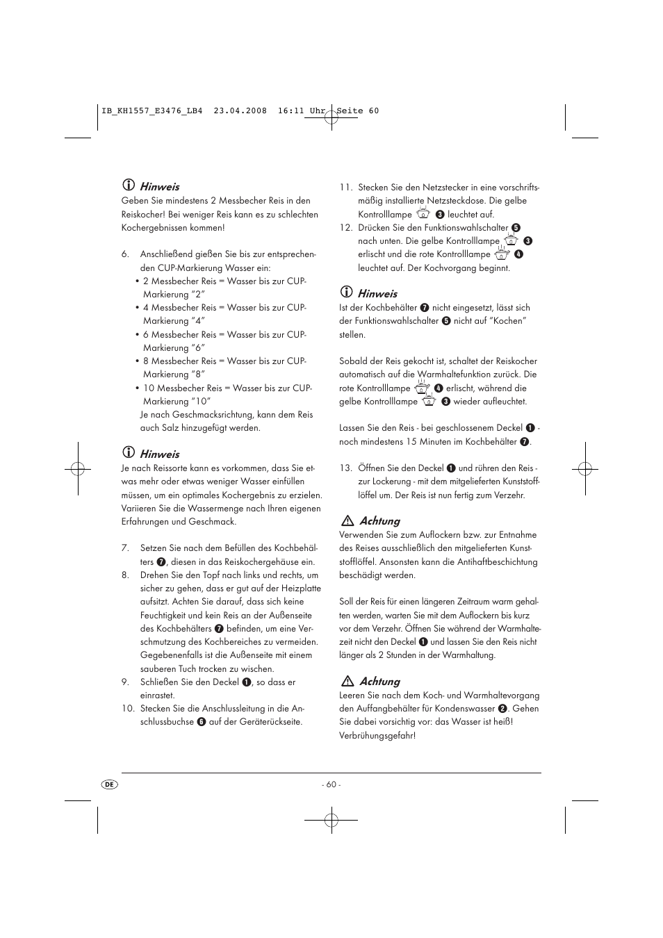 Hinweis, Achtung | Kompernass KH 1557 User Manual | Page 62 / 65