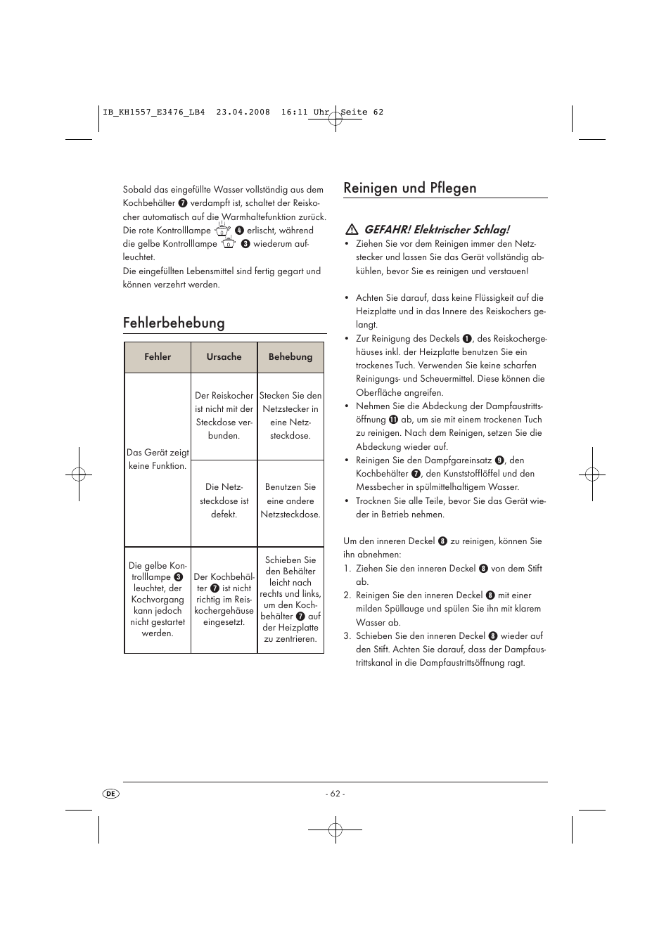 Fehlerbehebung, Reinigen und pflegen, Gefahr! elektrischer schlag | Kompernass KH 1557 User Manual | Page 64 / 65