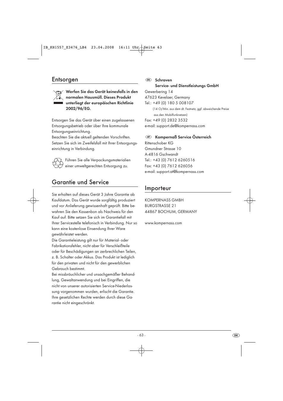 Entsorgen, Garantie und service, Importeur | Kompernass KH 1557 User Manual | Page 65 / 65