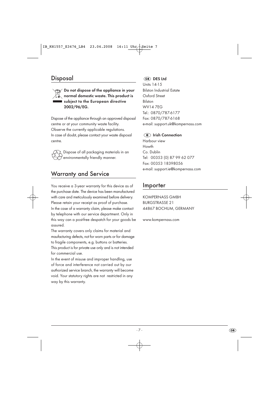 Disposal, Warranty and service, Importer | Kompernass KH 1557 User Manual | Page 9 / 65