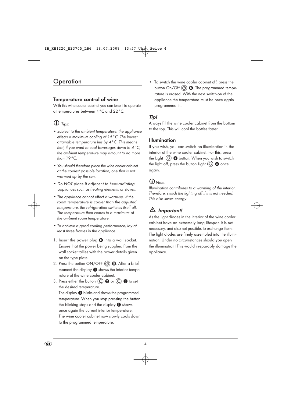 Operation, Important | Kompernass KH1220 User Manual | Page 10 / 13