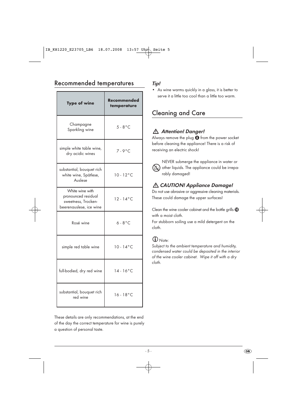 Recommended temperatures, Cleaning and care | Kompernass KH1220 User Manual | Page 11 / 13