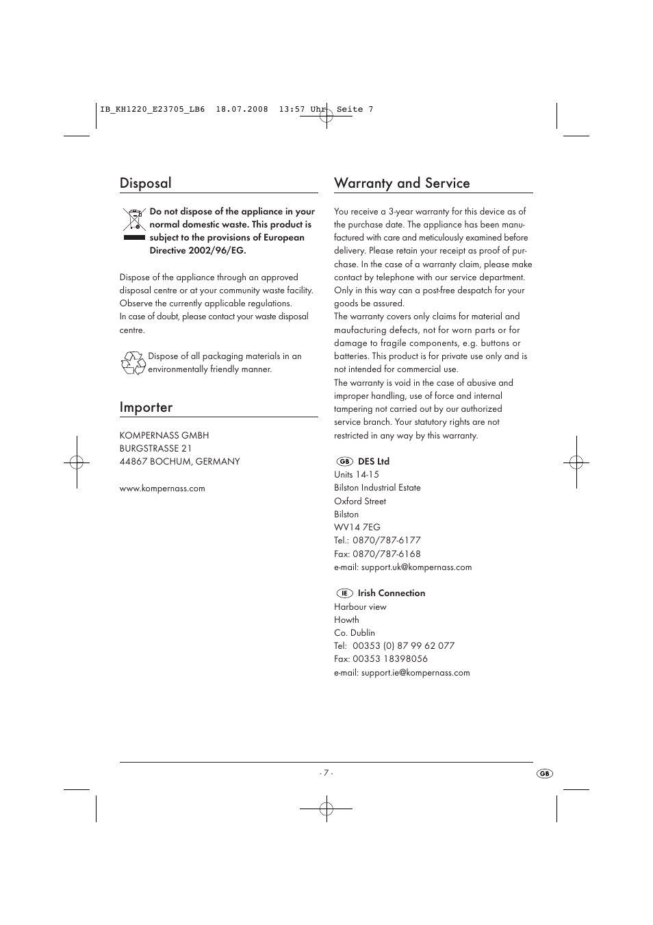 Disposal, Importer, Warranty and service | Kompernass KH1220 User Manual | Page 13 / 13