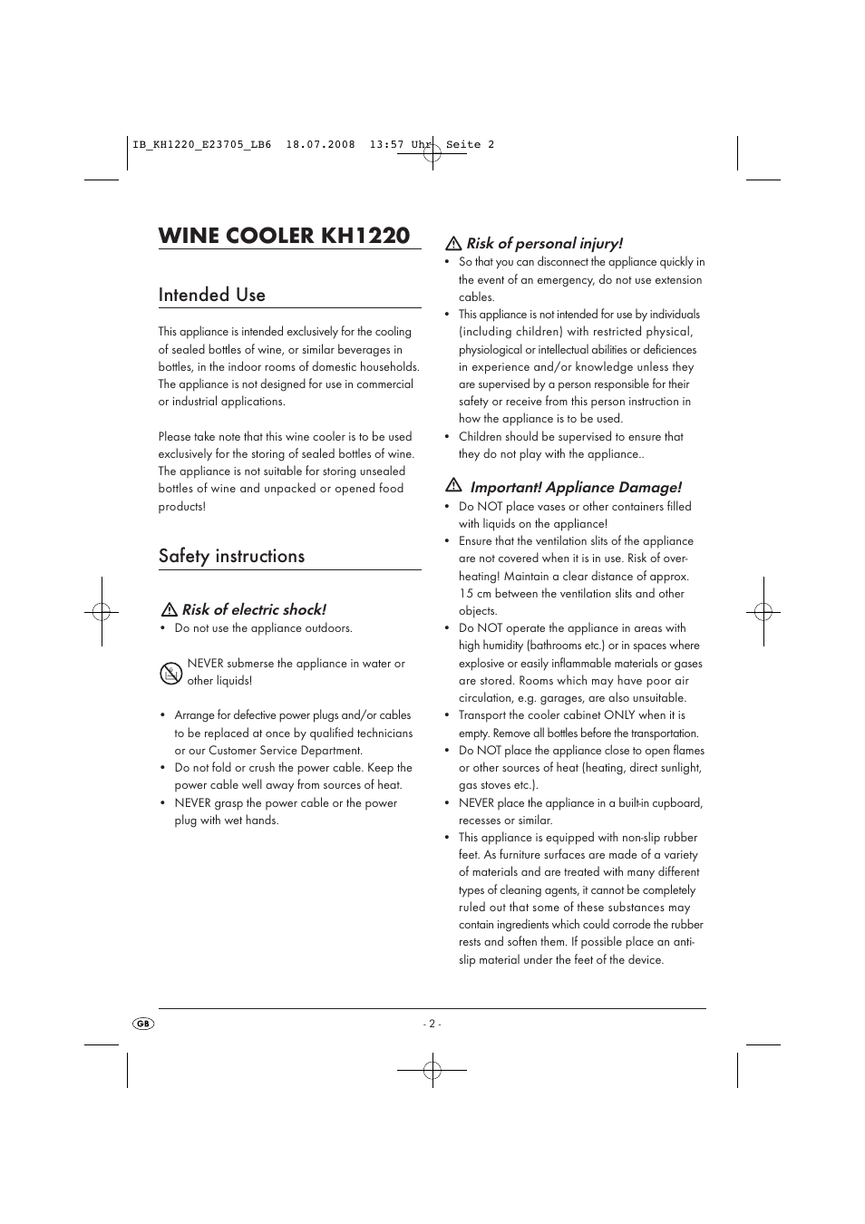 Wine cooler kh1220, Intended use, Safety instructions | Kompernass KH1220 User Manual | Page 8 / 13