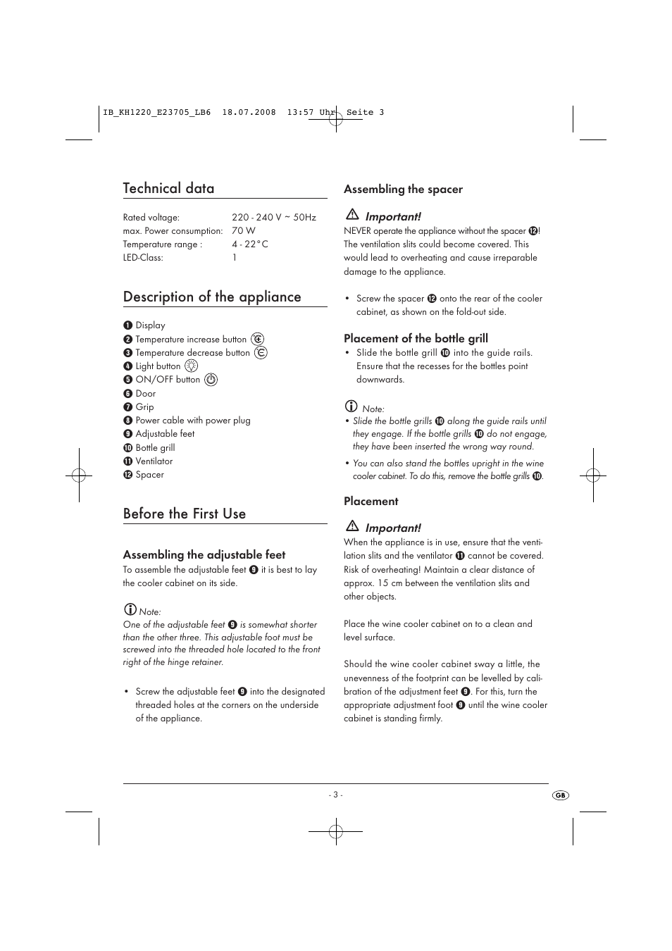 Technical data, Description of the appliance, Before the first use | Kompernass KH1220 User Manual | Page 9 / 13