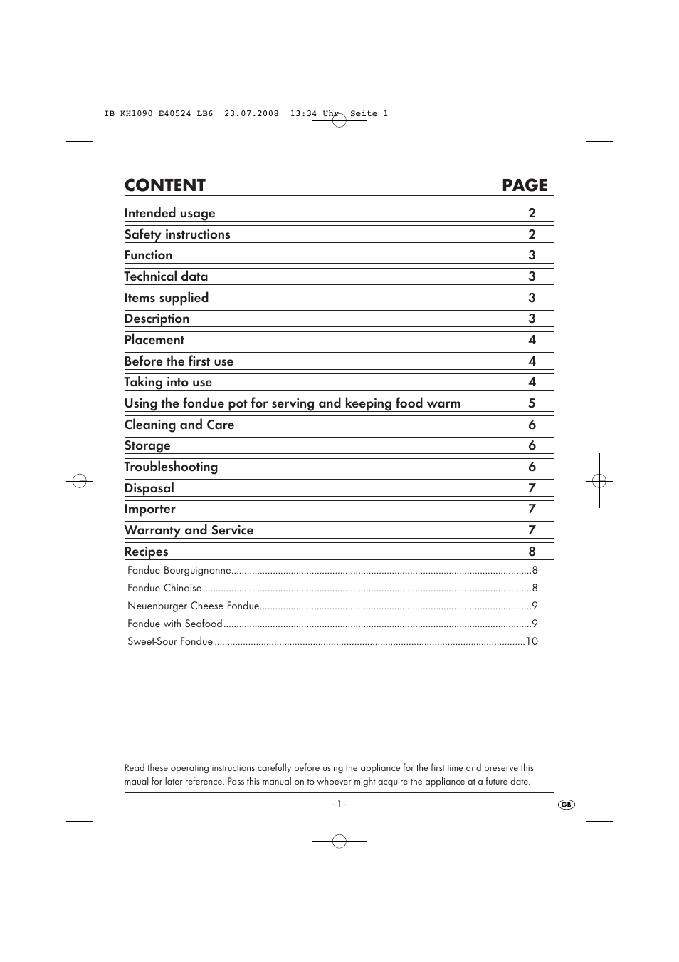 Content page | Kompernass KH 1090 User Manual | Page 3 / 12