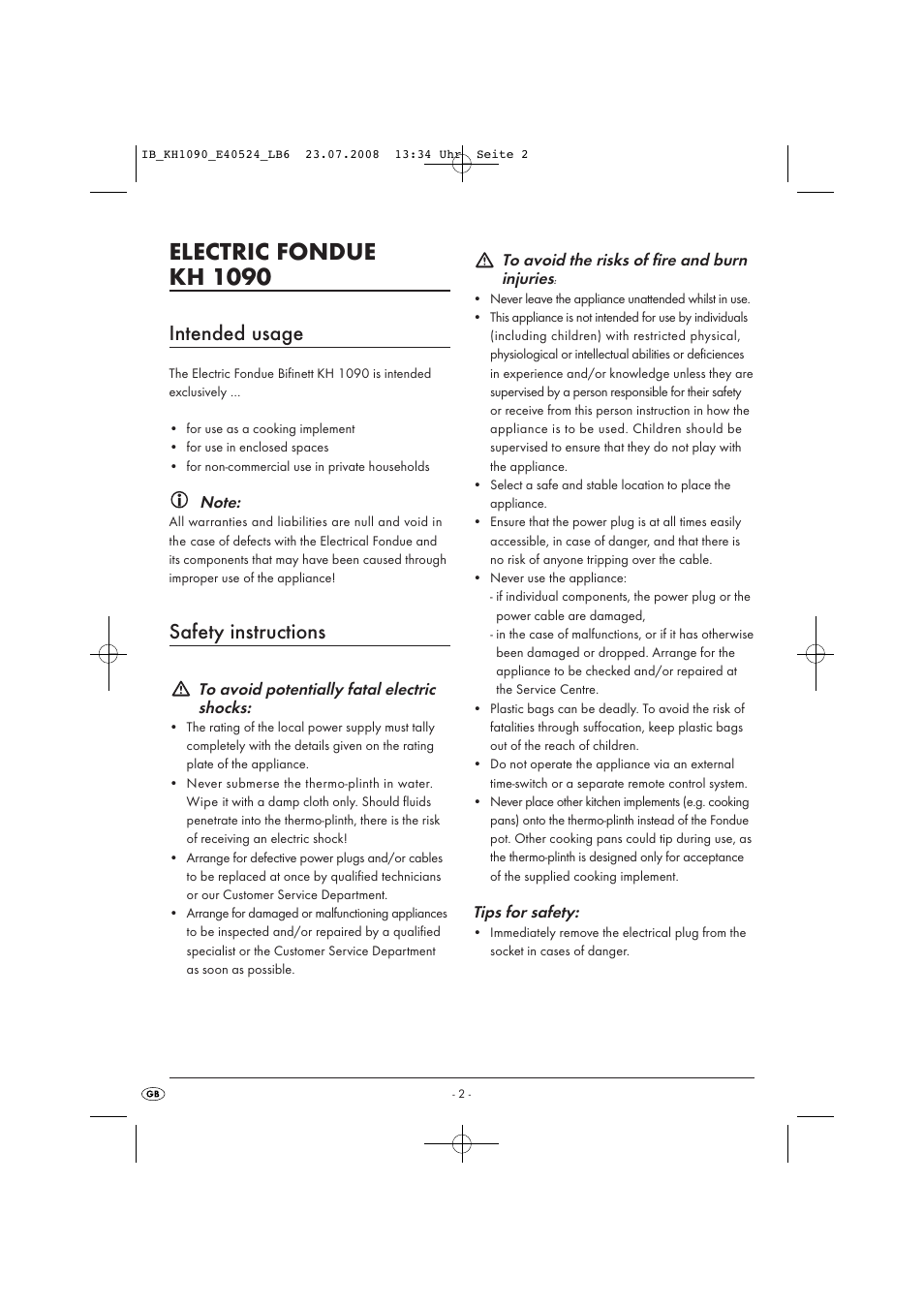 Electric fondue kh 1090, Intended usage, Safety instructions | Kompernass KH 1090 User Manual | Page 4 / 12
