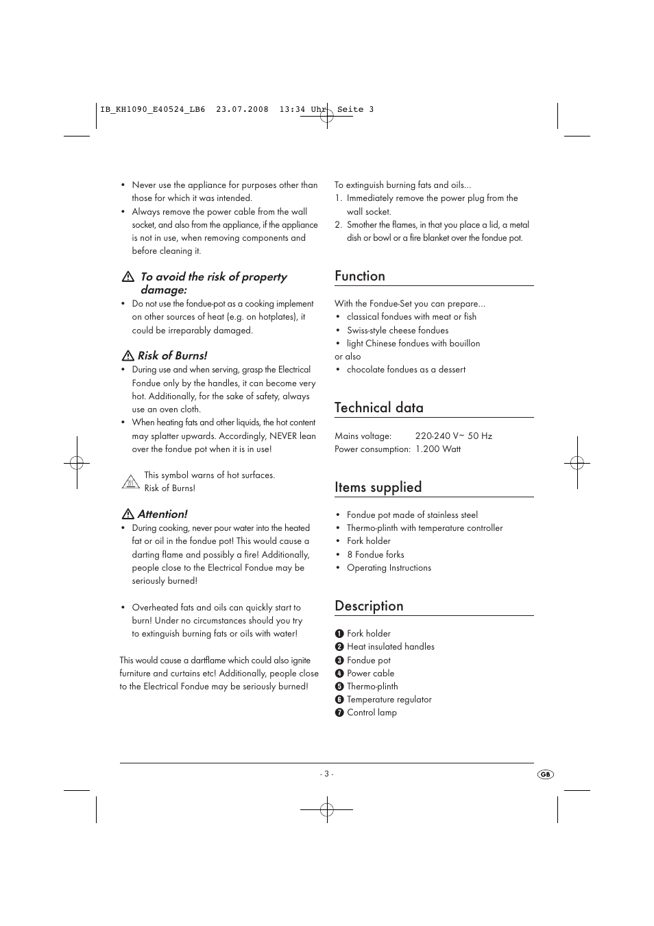 Function, Technical data, Items supplied | Description | Kompernass KH 1090 User Manual | Page 5 / 12