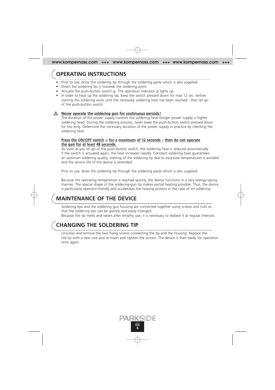 Operating instructions, Maintenance of the device, Changing the soldering tip | Kompernass PLP 180 User Manual | Page 5 / 10