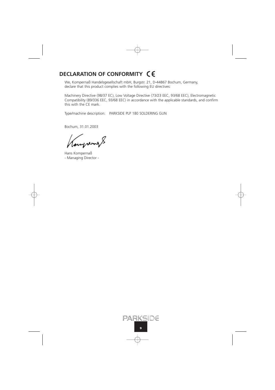 Declaration of conformity | Kompernass PLP 180 User Manual | Page 9 / 10