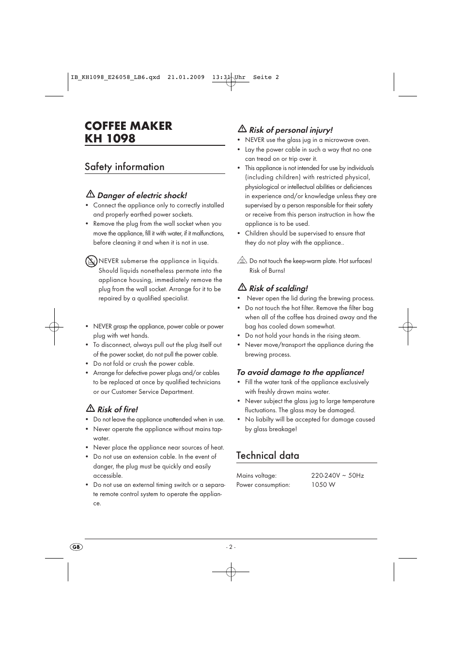 Coffee maker kh 1098, Safety information, Technical data | Kompernass KH 1098 User Manual | Page 4 / 9