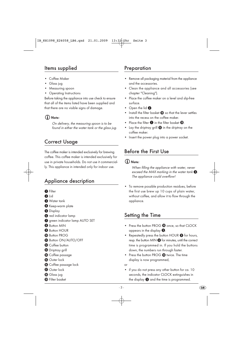 Items supplied, Correct usage, Appliance description | Preparation, Before the first use, Setting the time | Kompernass KH 1098 User Manual | Page 5 / 9