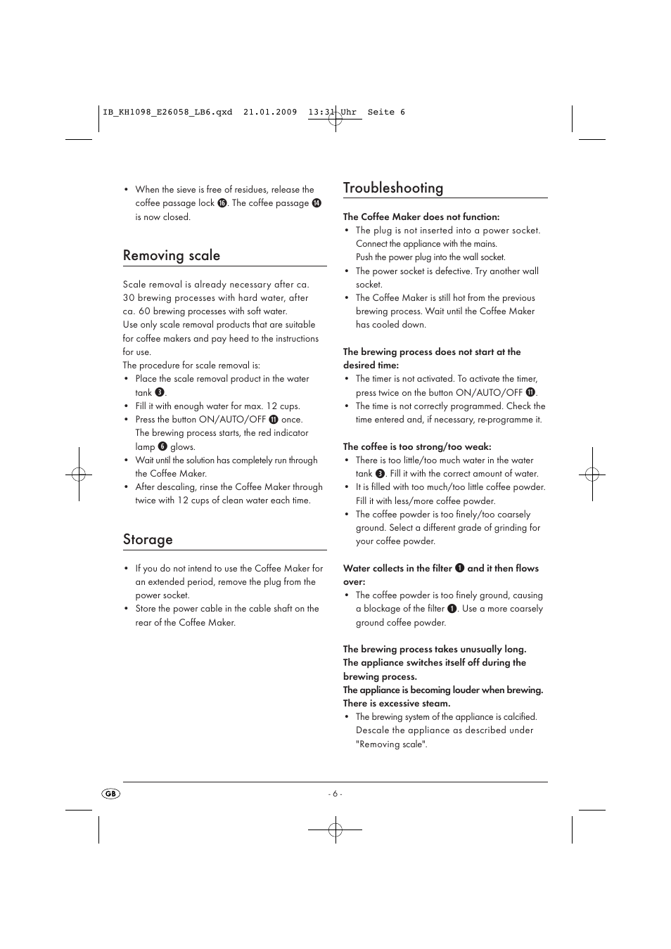 Removing scale, Storage, Troubleshooting | Kompernass KH 1098 User Manual | Page 8 / 9