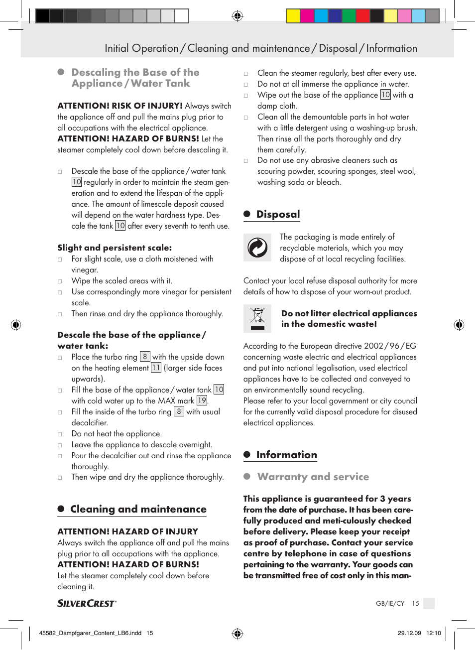 Descaling the base of the appliance / water tank, Cleaning and maintenance, Disposal | Information, Warranty and service | Kompernass KH 1560 User Manual | Page 13 / 14