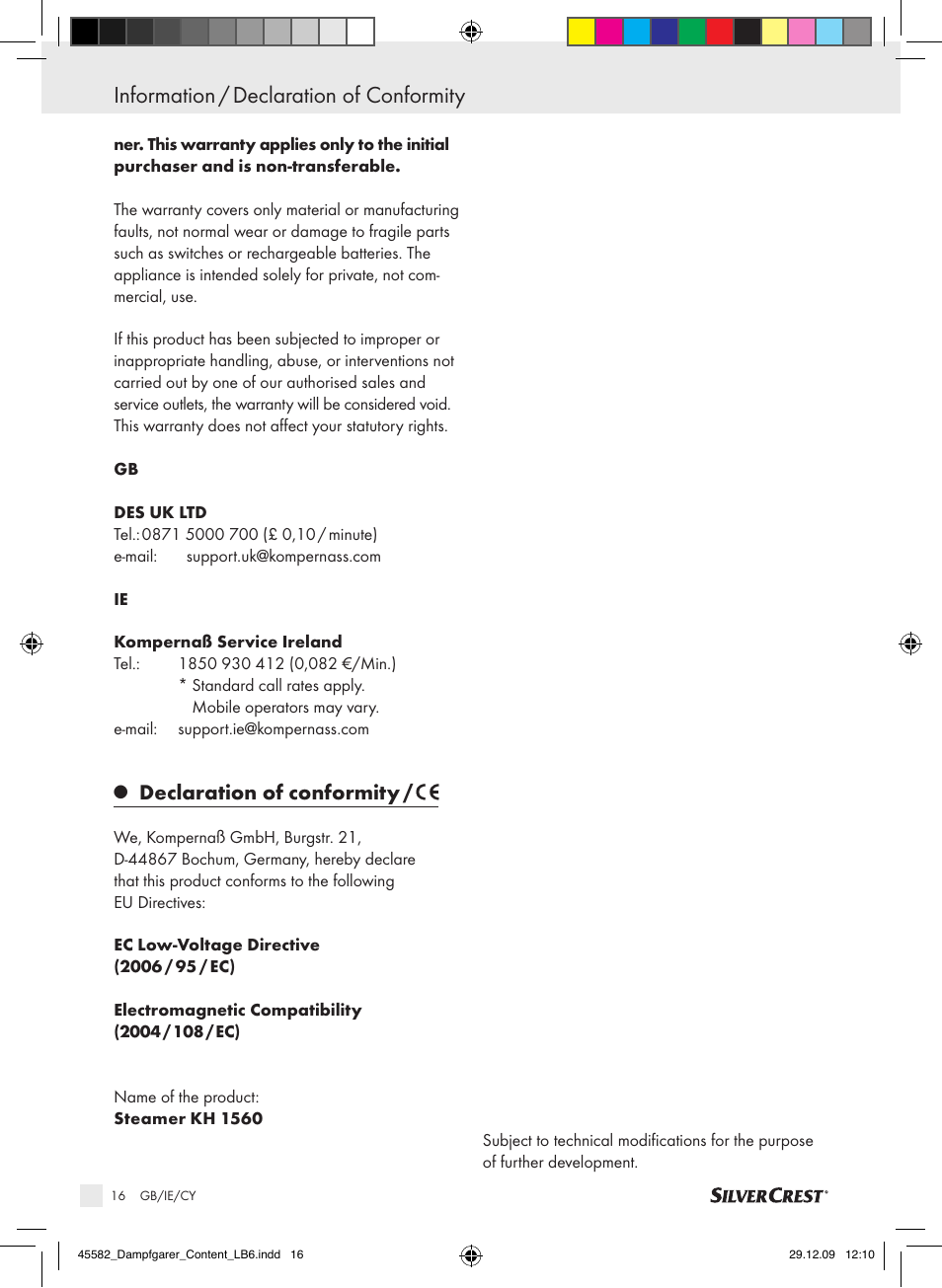 Information / declaration of conformity, Declaration of conformity | Kompernass KH 1560 User Manual | Page 14 / 14