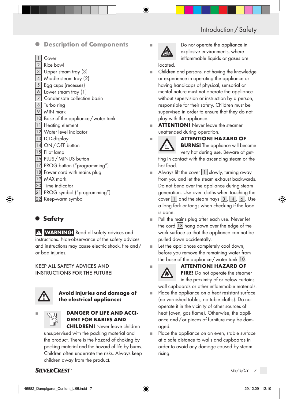 Introduction / safety, Description of components, Safety | Kompernass KH 1560 User Manual | Page 5 / 14