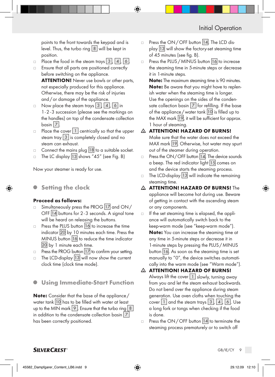 Initial operation, Setting the clock, Using immediate-start function | Kompernass KH 1560 User Manual | Page 7 / 14
