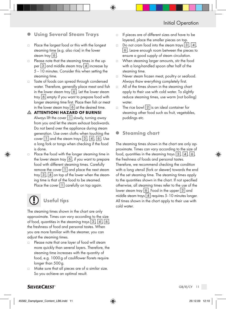 Initial operation, Using several steam trays, Useful tips | Steaming chart | Kompernass KH 1560 User Manual | Page 9 / 14