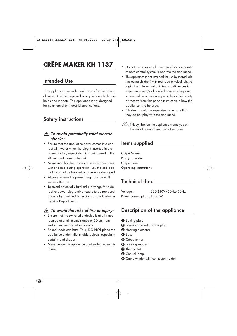 Crêpe maker kh 1137, Intended use, Safety instructions | Items supplied, Technical data, Description of the appliance | Kompernass KH1137 User Manual | Page 4 / 8