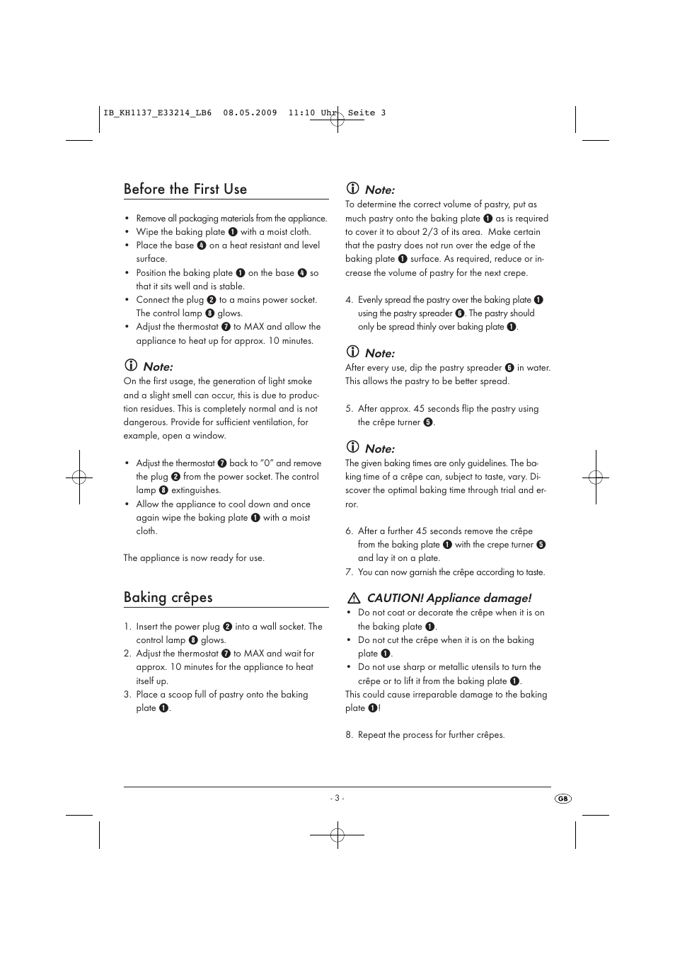 Before the first use, Baking crêpes | Kompernass KH1137 User Manual | Page 5 / 8