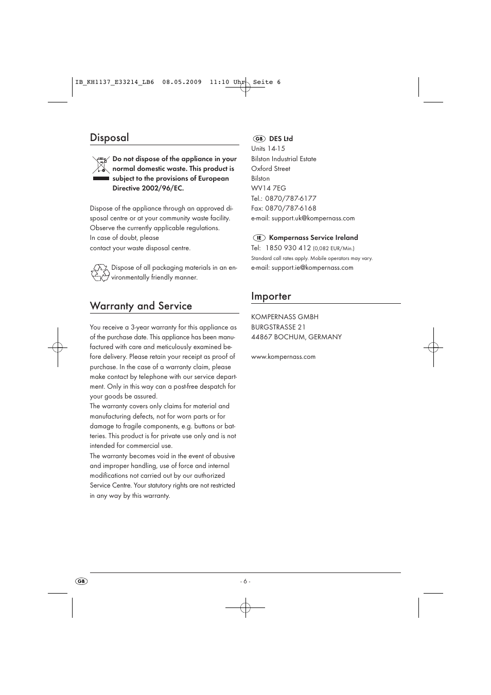 Disposal, Warranty and service, Importer | Kompernass KH1137 User Manual | Page 8 / 8