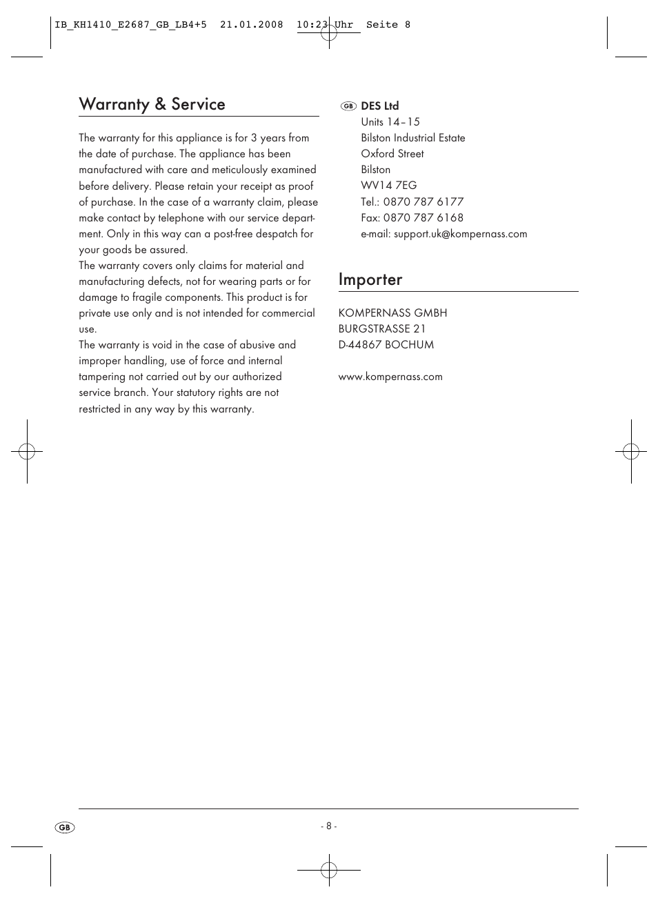 Warranty & service, Importer | Kompernass KH 1410 User Manual | Page 10 / 82