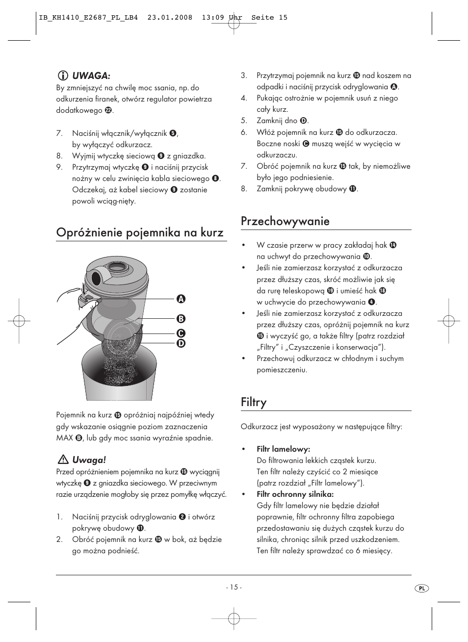 Opróżnienie pojemnika na kurz, Przechowywanie, Filtry | Uwaga | Kompernass KH 1410 User Manual | Page 17 / 82