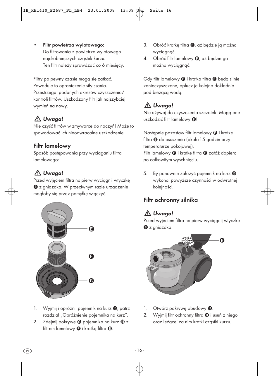 Uwaga, Filtr lamelowy, Filtr ochronny silnika uwaga | Kompernass KH 1410 User Manual | Page 18 / 82