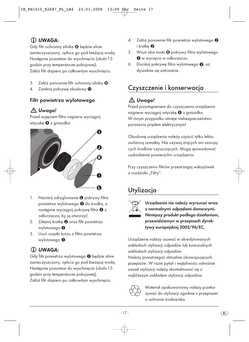 Czyszczenie i konserwacja, Utylizacja, Uwaga | Filtr powietrza wylotowego uwaga | Kompernass KH 1410 User Manual | Page 19 / 82