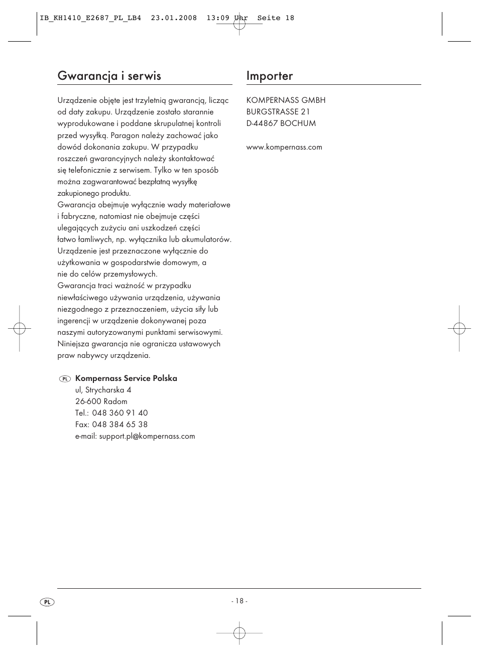 Gwarancja i serwis, Importer | Kompernass KH 1410 User Manual | Page 20 / 82