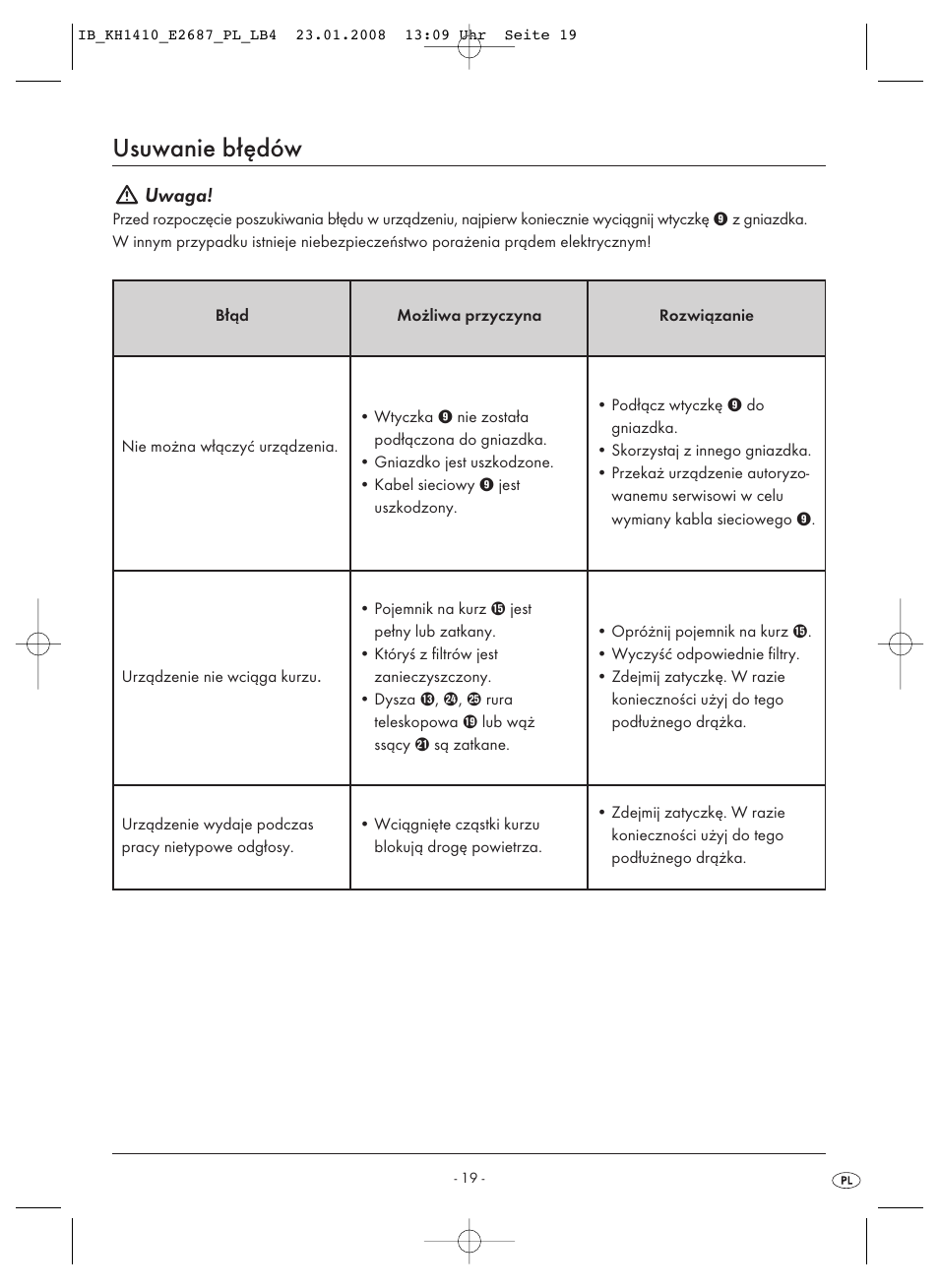 Usuwanie błędów, Uwaga | Kompernass KH 1410 User Manual | Page 21 / 82