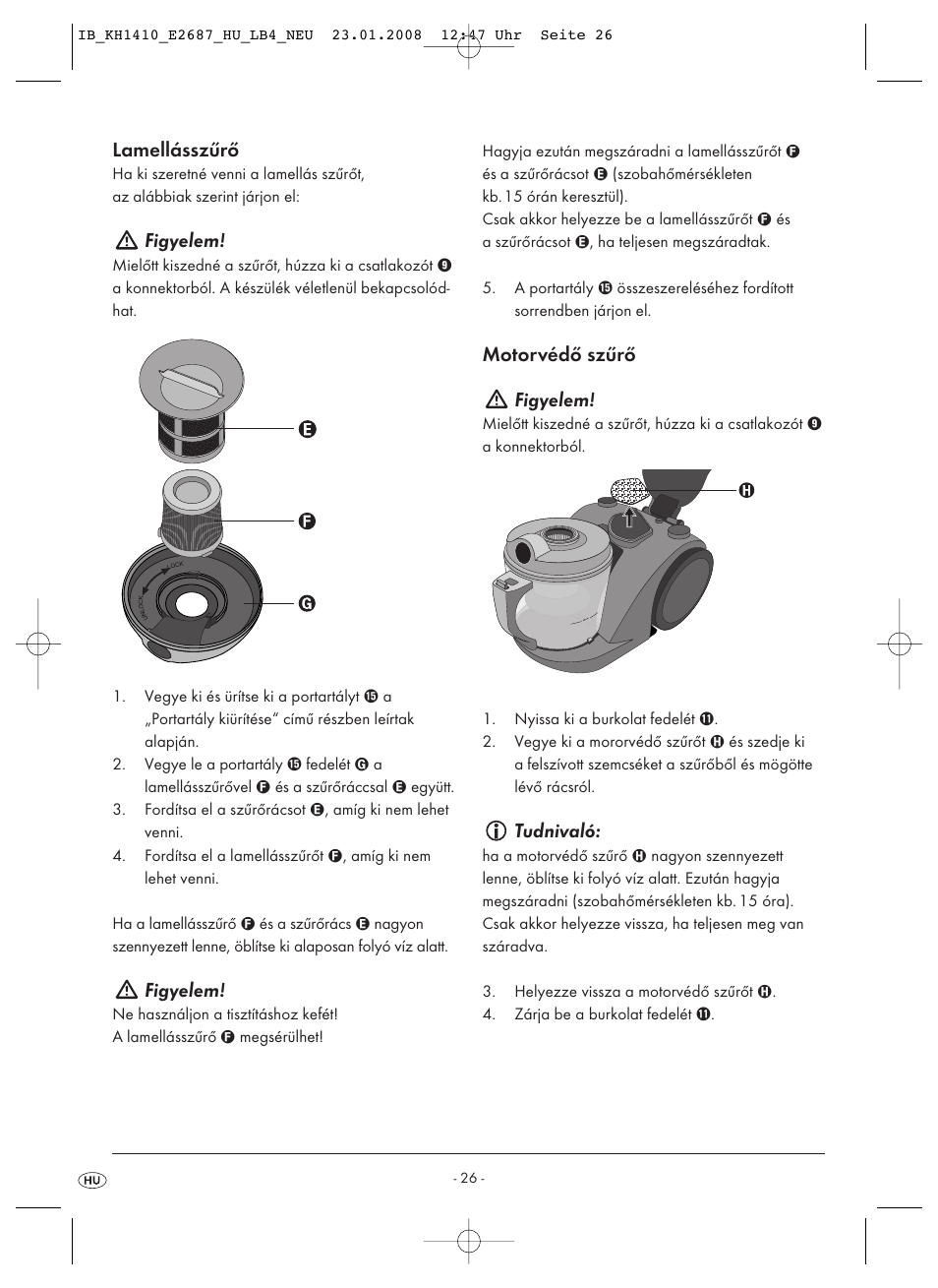 Lamellásszűrő, Figyelem, Motorvédő szűrő figyelem | Tudnivaló | Kompernass KH 1410 User Manual | Page 28 / 82