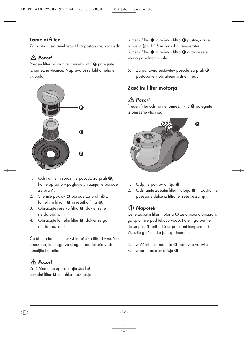 Lamelni filter, Pozor, Zaščitni filter motorja pozor | Napotek | Kompernass KH 1410 User Manual | Page 38 / 82