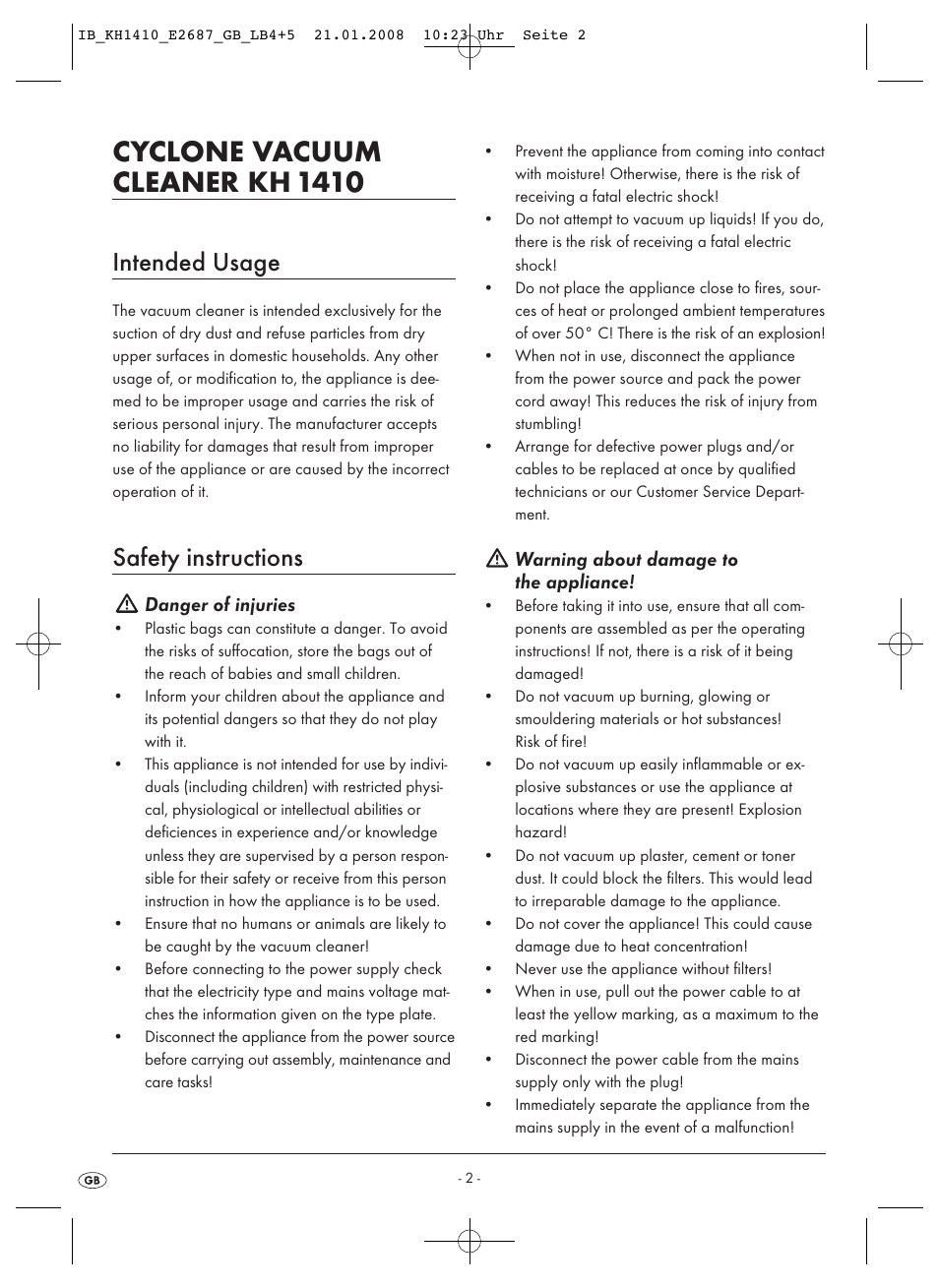 Cyclone vacuum cleaner kh 1410, Intended usage, Safety instructions | Kompernass KH 1410 User Manual | Page 4 / 82