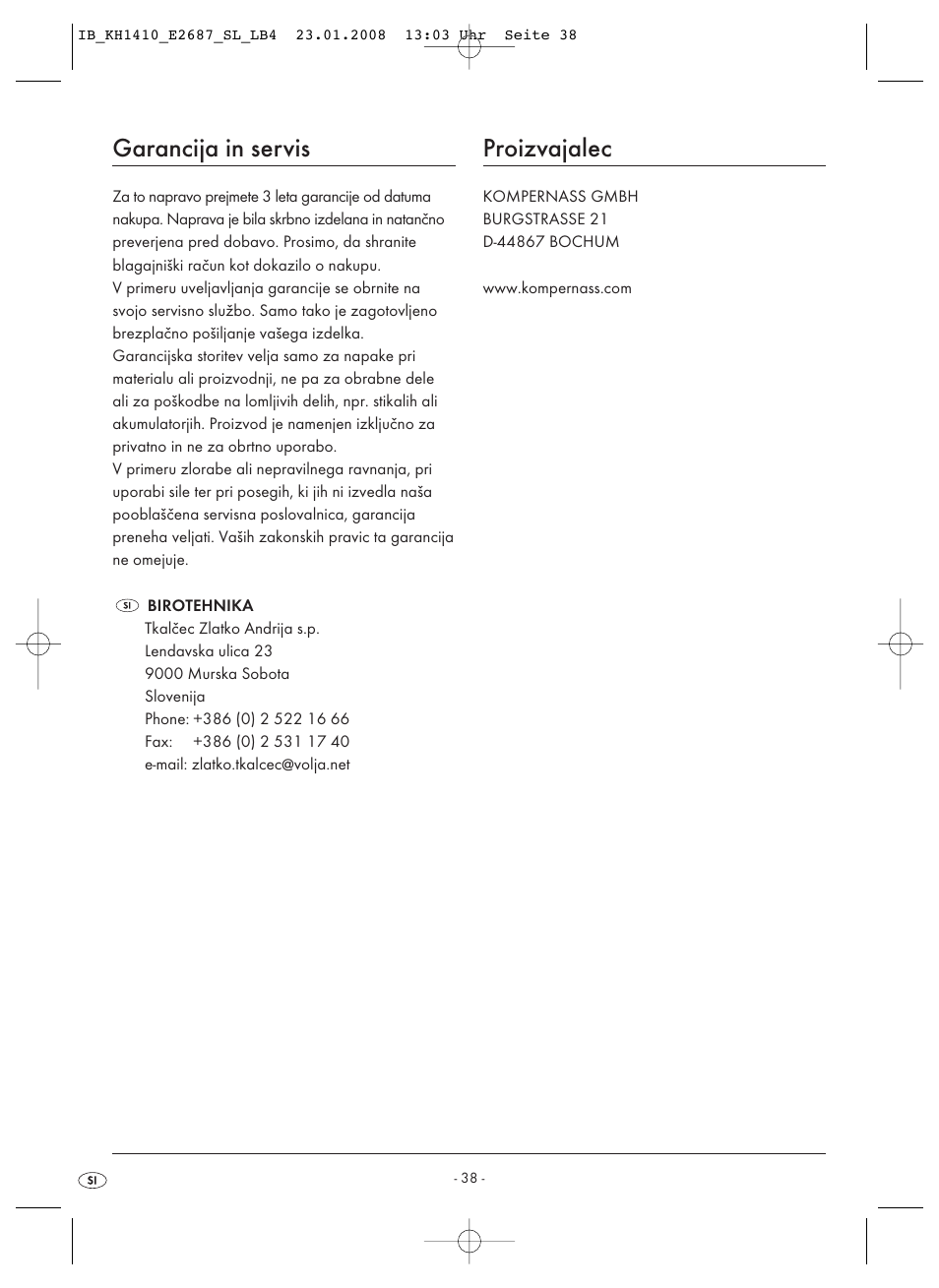 Garancija in servis, Proizvajalec | Kompernass KH 1410 User Manual | Page 40 / 82