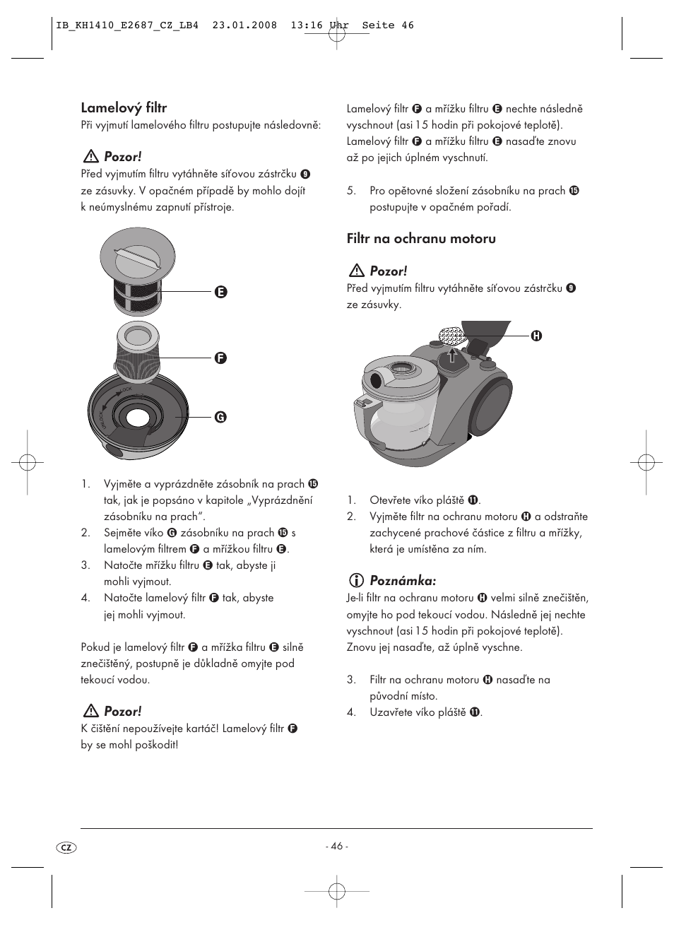 Lamelový filtr, Pozor, Filtr na ochranu motoru pozor | Poznámka | Kompernass KH 1410 User Manual | Page 48 / 82