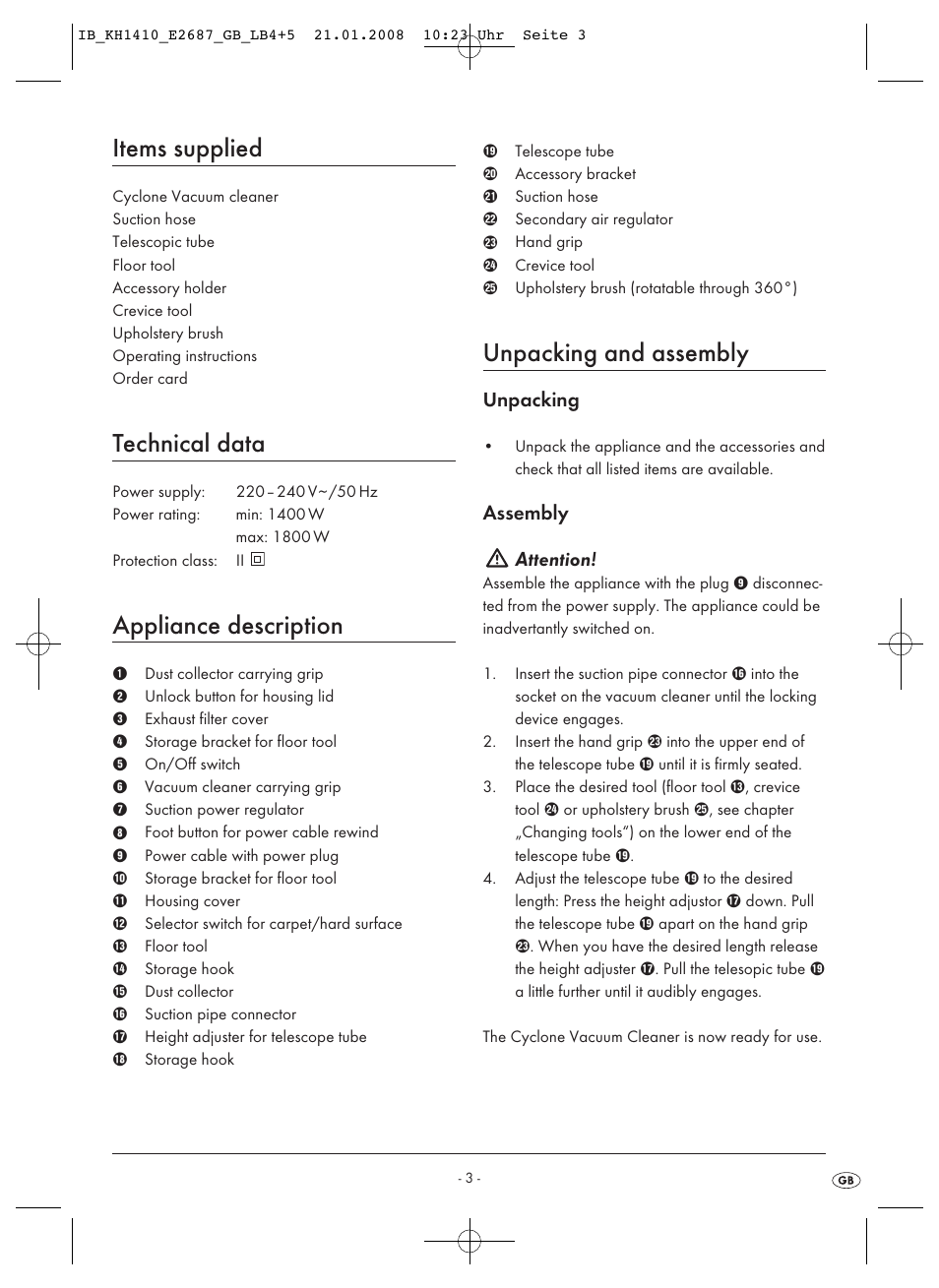 Items supplied, Technical data, Appliance description | Unpacking and assembly, Unpacking, Assembly attention | Kompernass KH 1410 User Manual | Page 5 / 82