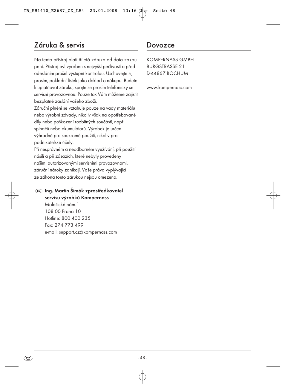 Záruka & servis, Dovozce | Kompernass KH 1410 User Manual | Page 50 / 82
