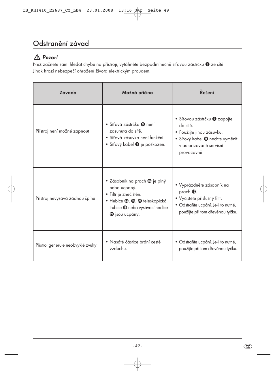 Odstranění závad, Pozor | Kompernass KH 1410 User Manual | Page 51 / 82