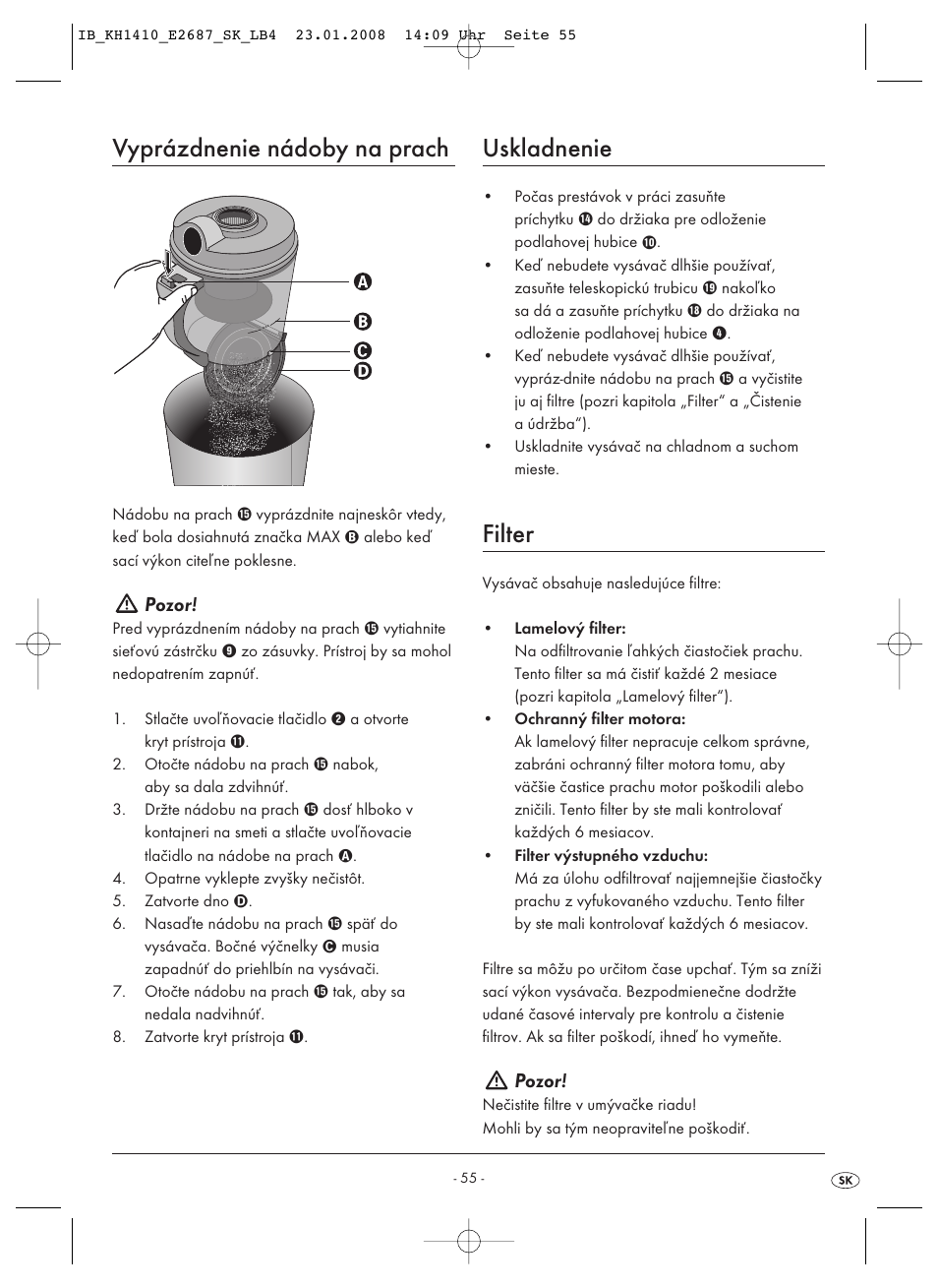 Vyprázdnenie nádoby na prach, Uskladnenie, Filter | Pozor | Kompernass KH 1410 User Manual | Page 57 / 82