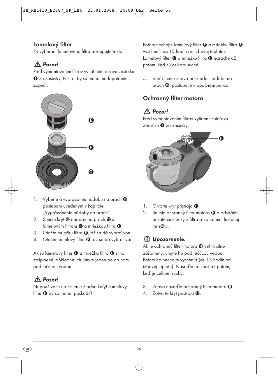 Lamelový filter, Pozor, Ochranný filter motora pozor | Upozornenie | Kompernass KH 1410 User Manual | Page 58 / 82