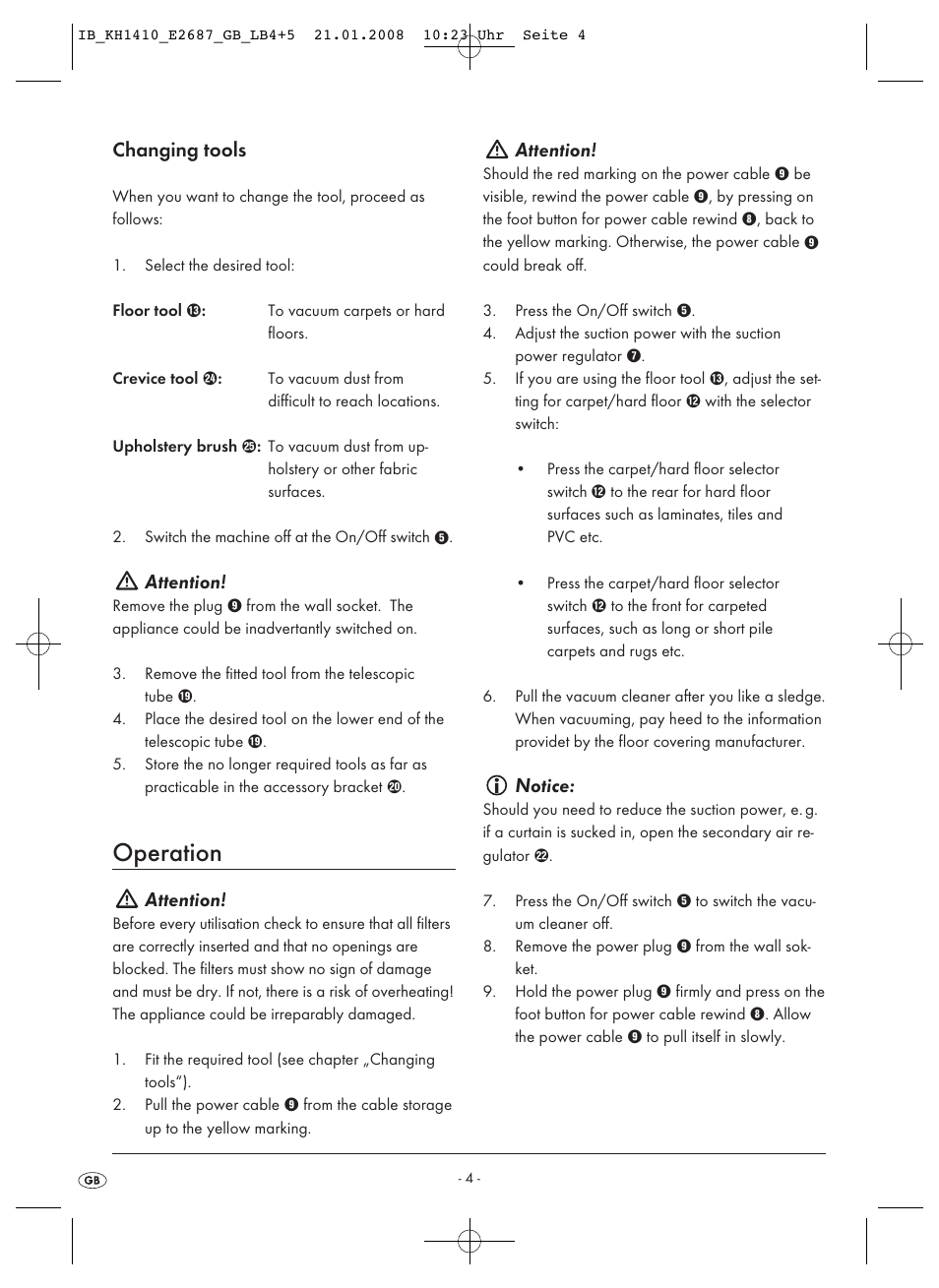 Operation, Changing tools, Attention | Notice | Kompernass KH 1410 User Manual | Page 6 / 82