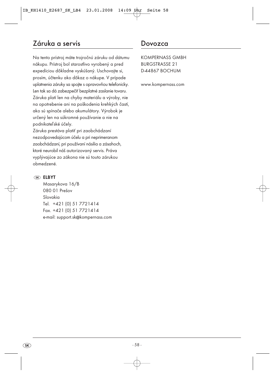 Záruka a servis, Dovozca | Kompernass KH 1410 User Manual | Page 60 / 82