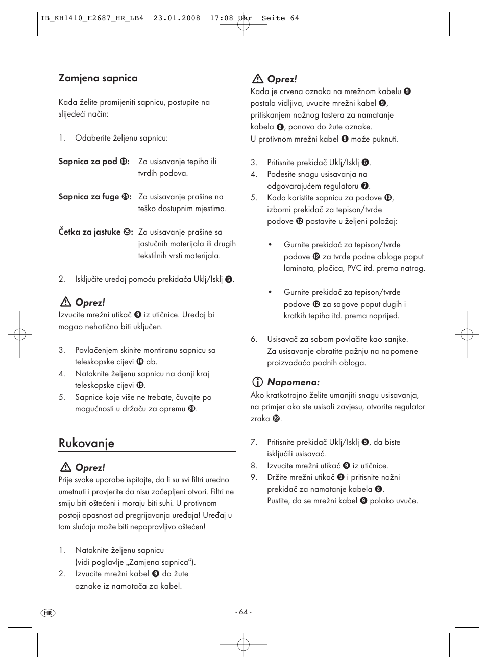 Rukovanje, Zamjena sapnica, Oprez | Napomena | Kompernass KH 1410 User Manual | Page 66 / 82