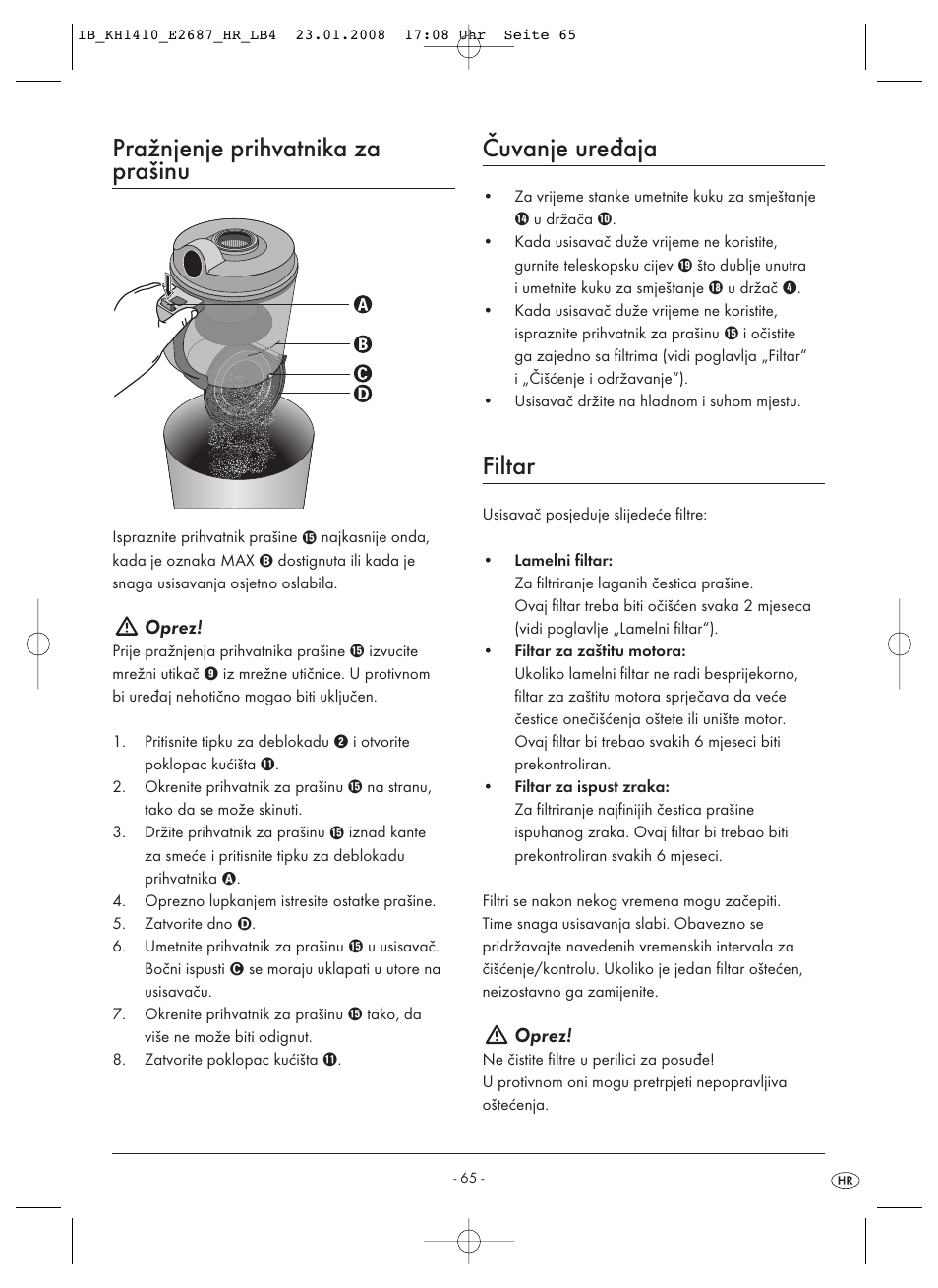 Pražnjenje prihvatnika za prašinu, Čuvanje uređaja, Filtar | Oprez | Kompernass KH 1410 User Manual | Page 67 / 82