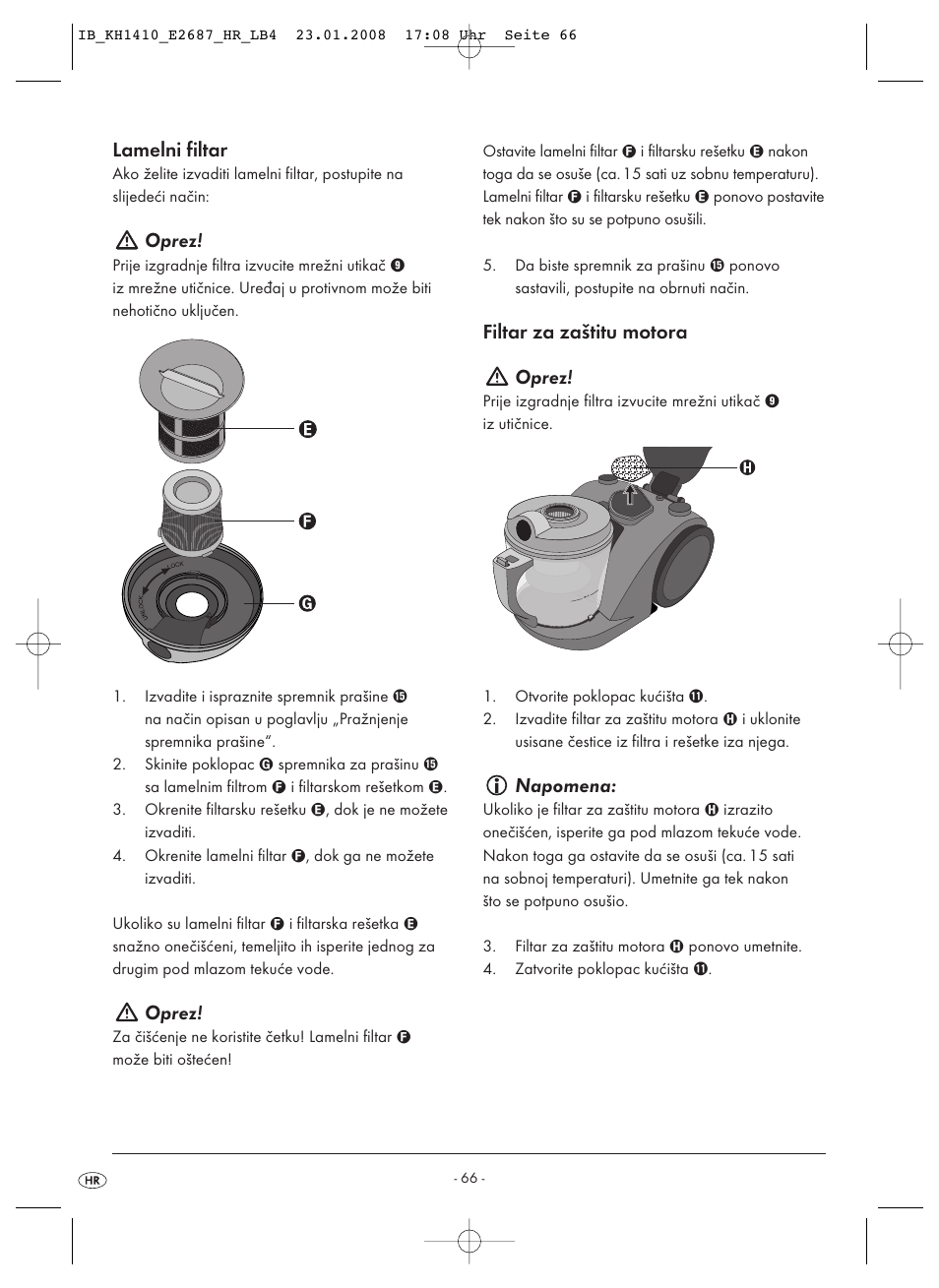 Lamelni filtar, Oprez, Filtar za zaštitu motora oprez | Napomena | Kompernass KH 1410 User Manual | Page 68 / 82