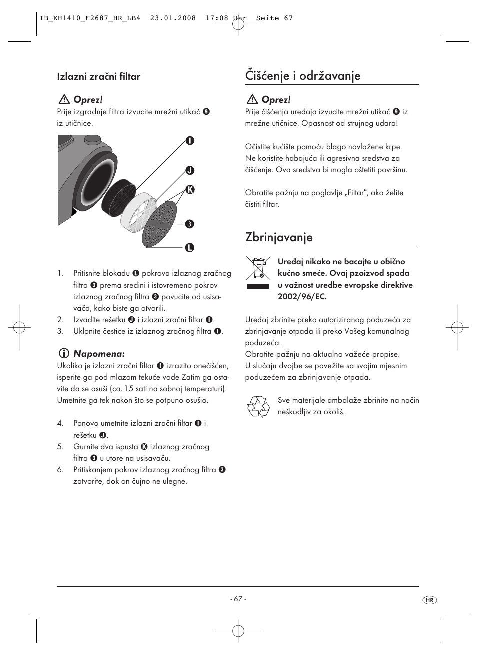 Čišćenje i održavanje, Zbrinjavanje, Izlazni zračni filtar oprez | Napomena, Oprez | Kompernass KH 1410 User Manual | Page 69 / 82