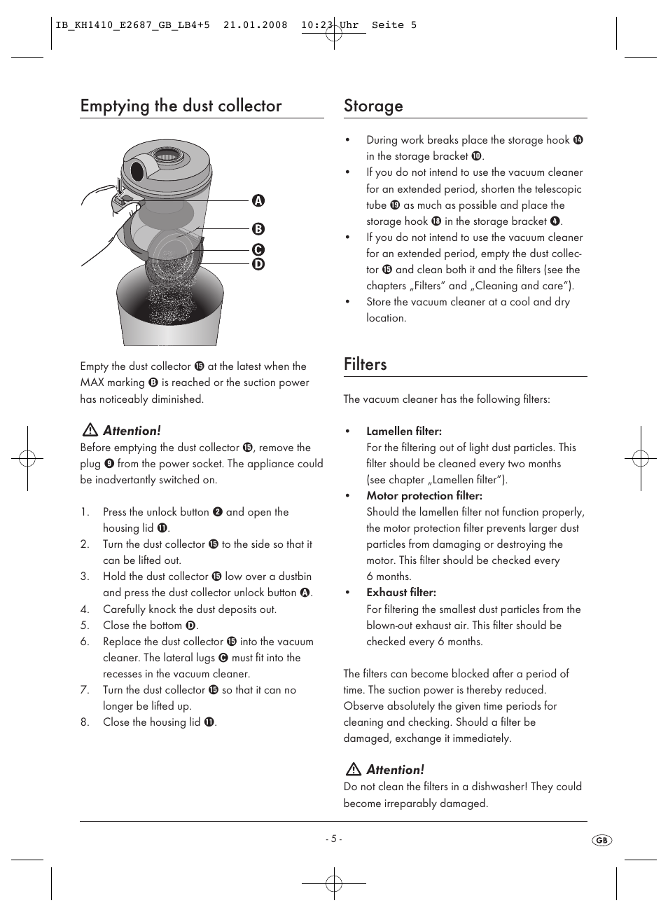 Emptying the dust collector, Storage, Filters | Attention | Kompernass KH 1410 User Manual | Page 7 / 82