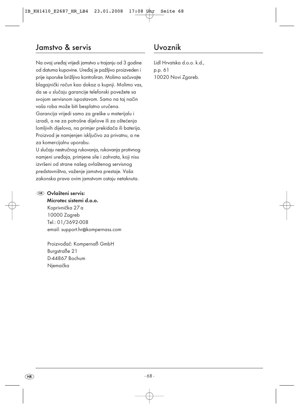 Jamstvo & servis, Uvoznik | Kompernass KH 1410 User Manual | Page 70 / 82