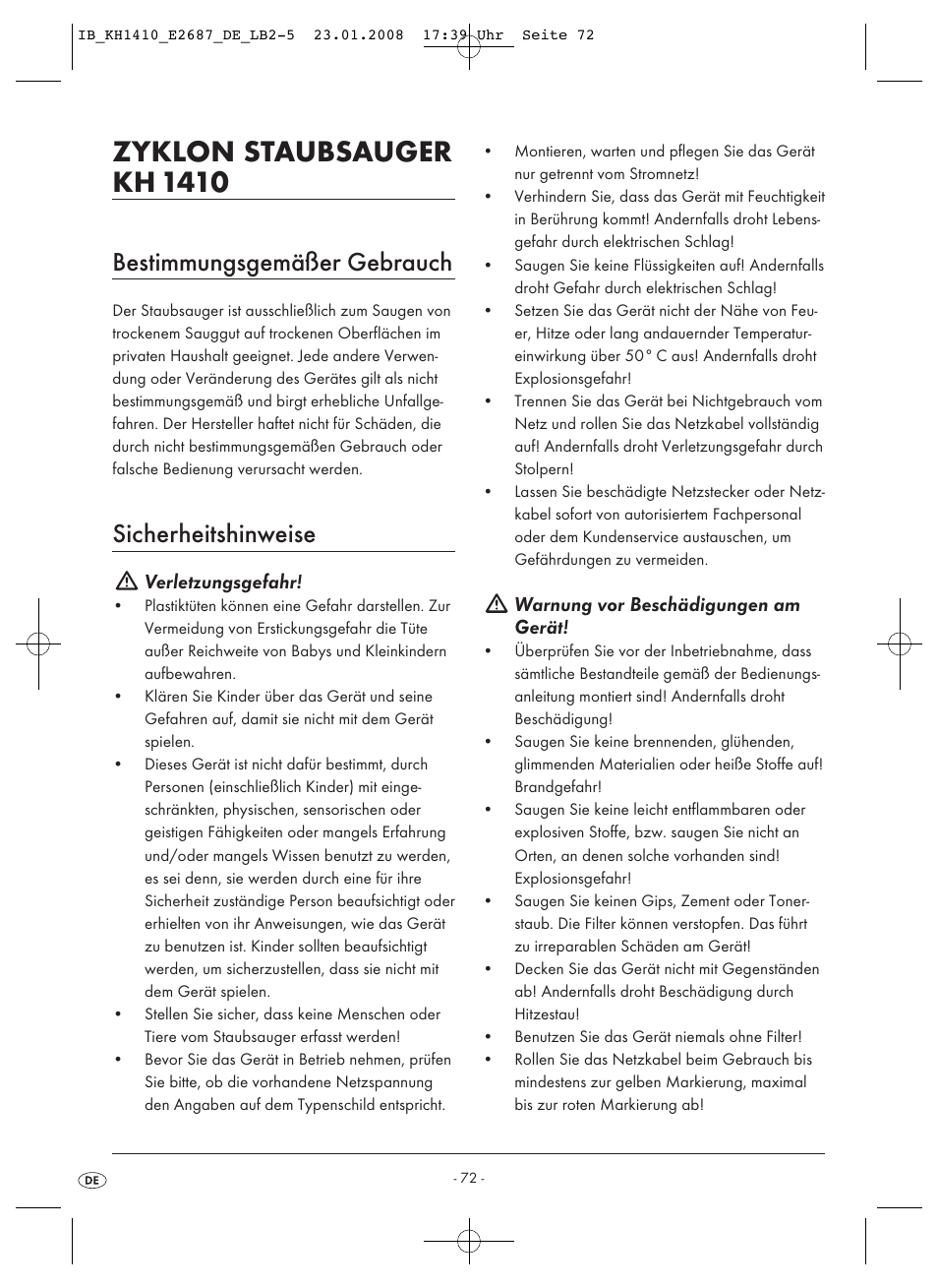 Zyklon staubsauger kh 1410, Bestimmungsgemäßer gebrauch, Sicherheitshinweise | Kompernass KH 1410 User Manual | Page 74 / 82